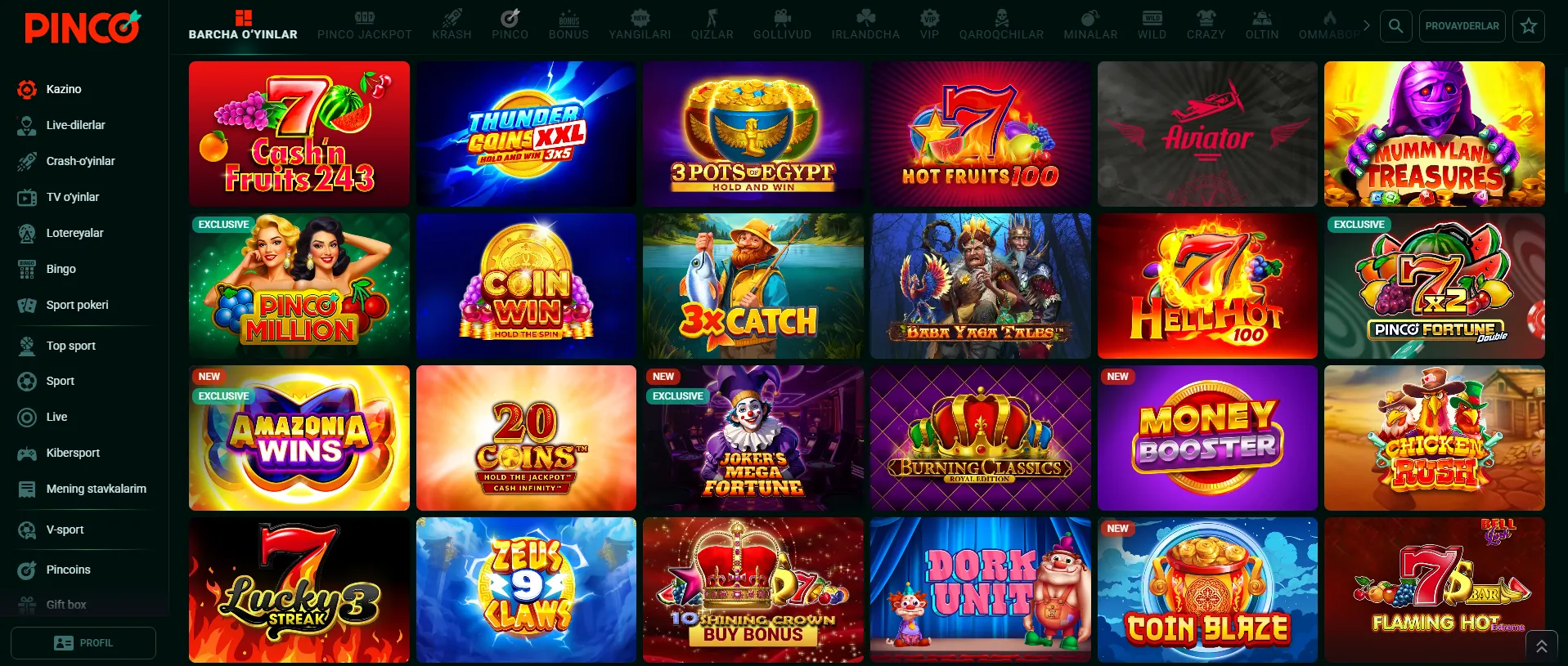 O‘yinlar va Sport Tikishlari Pinco Platformasida: Slot O‘yinlari, Jonli Kazino va boshqalar. O‘yinlar va Sport Tikishlari Pinco Platformasida